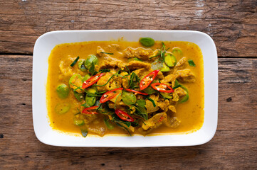 Spicy stir fried pork with Cluster Bean (Bitter Bean or stink beans) popular southern Thai food on...