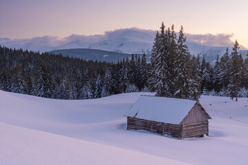 Snowy winter in the Ukrainian Carpathians and picturesque mountain houses