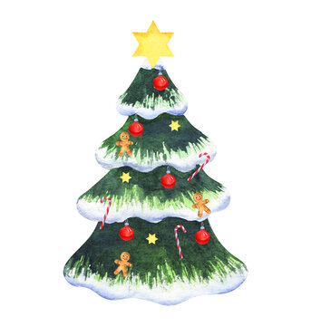 Watercolor image of beautiful toy Christmas tree decorated with bright red balls, gingerbread men, candy canes and yellow stars with big one on its top. Symbol of Christmas isolated on white backdrop