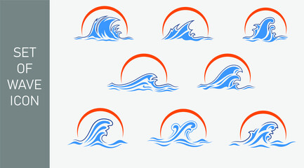 Set of water wave tsunami icon clip art vector with sun element