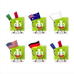 Toys block one cartoon character bring the flags of various countries