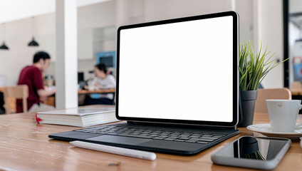 Mockup blank screen tablet with keyboard on wooden table in co-workspace.