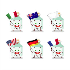 White baby milk bottle cartoon character bring the flags of various countries
