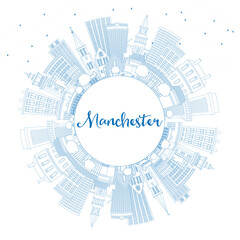 Outline Manchester New Hampshire City Skyline with Blue Buildings and Copy Space.