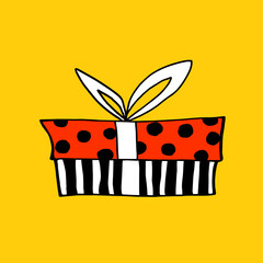 Vector color hand drawn image of gift box in Doodle style. Festive design element for Christmas, Valentines day, birthday, new year, other holiday