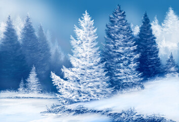 Winter landscape background with snowy spruce trees