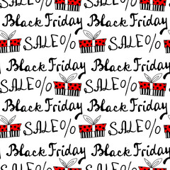 Vector seamless pattern with inscription Sale, gifts and percent signs. Hand drawn background and texture on theme of Black Friday, discounts, commercial and special offers. Handwritten backdrop