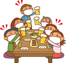 職場の飲み会イラスト（マスク着用）