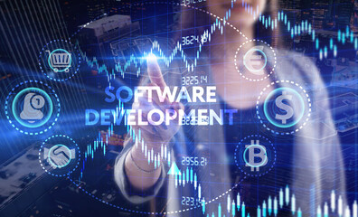 Business, Technology, Internet and network concept. Young businessman working on a virtual screen of the future and sees the inscription: Software development