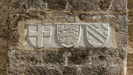 Rhodes, Church of Holy Trinity on Street of the Knights. Blazons of prominent Grand Masters of the Order of St. John, namely Hélion de Villeneuve and Dieudonne along with the coat of arms of the Order