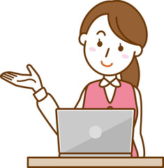 案内ポーズをしているオフィスレディーのイメージイラスト（ノートパソコン）