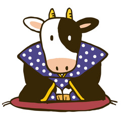 福助に扮した牛のイラスト