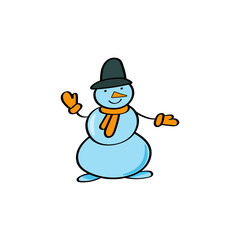 A hand-drawn Christmas snowman. A smiling snowman in the style of doodles. Vector sketch illustration for children isolated on a white background. Christmas design