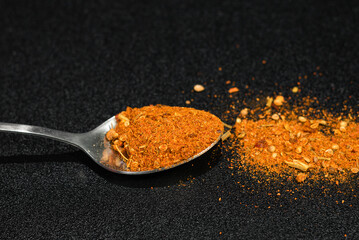 Red Chili in Steel Spoon and on Black Board