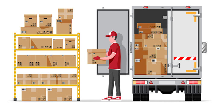 Warehouse shelves with goods, delivery truck, mover, container package boxes. Pile cardboard boxes set. Carton delivery packaging open and closed box with fragile signs. Flat vector illustration