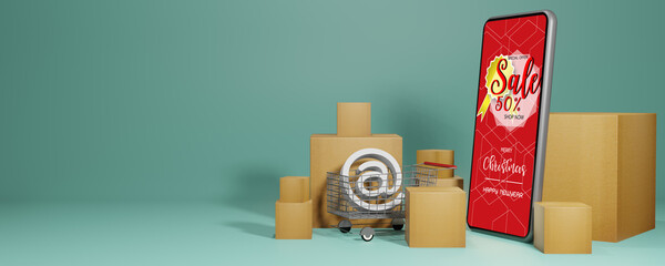 Box and shopping cart. Online shopping store with smartphone, 3d rendering
