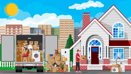 Obraz na płótnie Canvas Moving to new house. Family relocated to new home. Male mover, paper cardboard boxes near house, delivery truck. Package for transportation. Household items and electronics. Flat vector illustration