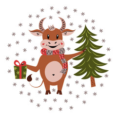 Cute bull with a gift and a Christmas tree in his hands. Cartoon character. The symbol of the New Year according to the Eastern calendar. Flat design. Vector