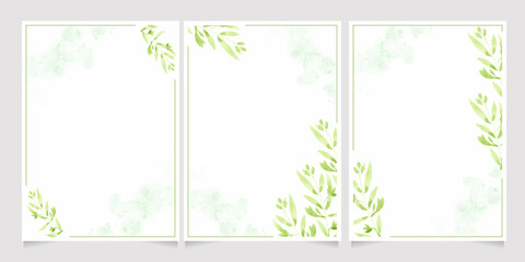 watercolor green leaves on splash background wedding or birthday invitation card template collection