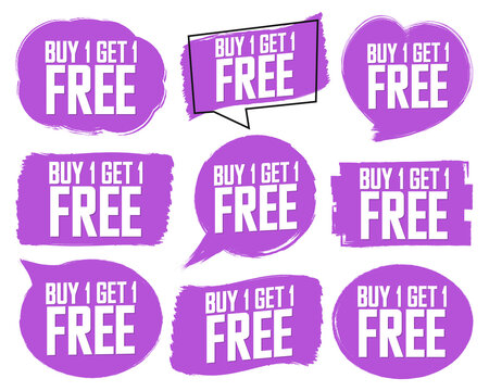 Set Buy 1 Get 1 Free tags, sale banners design template, grunge brush collection, limited time discount, grunge brush, vector illustration