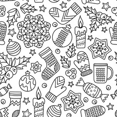 Winter sketches Seamless pattern. Hand-drawn doodles New Year, Christmas . Coloring book or fabric.