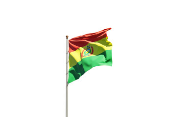 Beautiful national state flag of Bolivia on white background. Isolated close-up Bolivia flag 3D artwork.