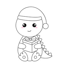 Hand drawn kawaii dinosaur, of black contour isolated on white background. Design element for coloring book. Vector. 