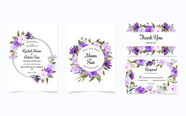 set of pretty purple flower wedding invitation