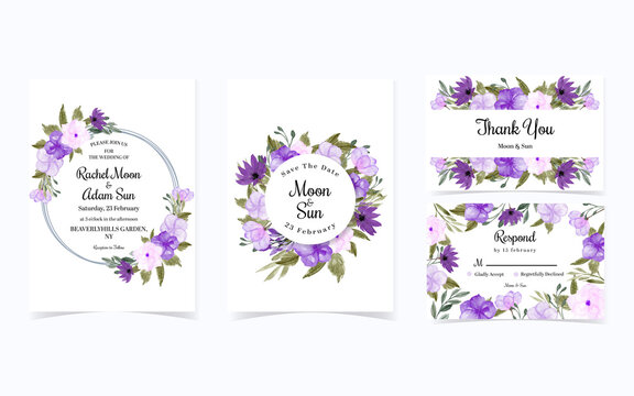 set of pretty purple flower wedding invitation