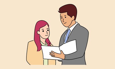 Vector illustration of businessman and businesswoman presenting the document