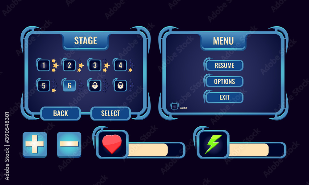 Wall mural set of rpg game ui board pop up with level selection, main screen, and bar for gui asset elements ve