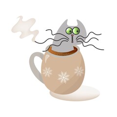 Frightened gray cat with long mustache sits a mug with coffee.
Isolated vector new year illustration on white background.