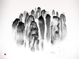 Chinese traditional landscape painting of mountains with water fall
