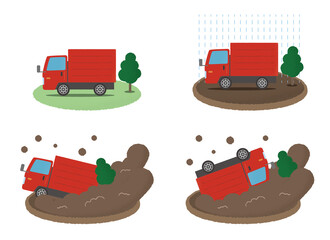 土砂災害に遭う赤いトラックのベクターイラストセット