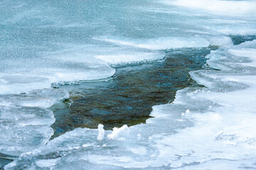 ice texture on the river. close up background. blue color in day light. water flow among cracks