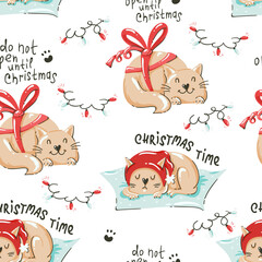 Christmas seamless pattern with sleeping cats and garlands