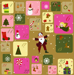 Advent calendar with the image of Santa Claus. Santa Claus is a hipster in colorful shoes and with a bag on his shoulder.