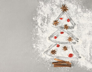 christmas tree made of flour and anise stars. dry cherry berries as red balls. merry christmas and happy new year. home baking for holiday selebration.