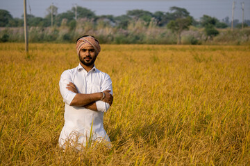 Indian farmer standing in golden paddy field hand folded