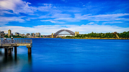 Camera Shutter Long Exposure view of Sydney Harbour Branagaroo Darling Harbour and Sydney CBD viewed from Balmain wharf