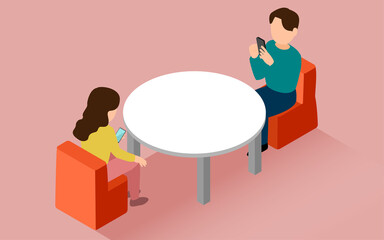 デート中にスマホを触るイラスト　アイソメトリック