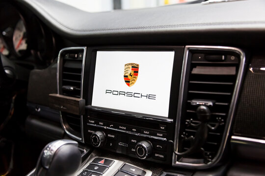 Moscow. November 2018. Leather interior of premium luxury car. LSD Monitor of multimedia system PCM 3.1 with the brand logo. carbon inserts, aluminum panels, gearbox