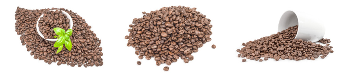 Collection of pile of roasted coffee beans isolated on a white background