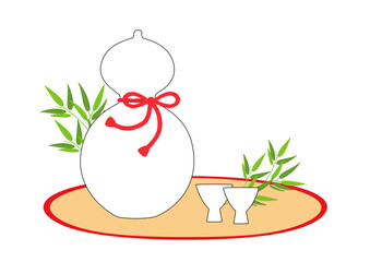 漆塗りのお盆に乗せたひょうたん型の酒器と御猪口　夏の笹や神事