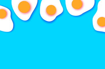 Fried Eggs. Omelet papercut style. Farm products. Fast food. Natural product. Blue background.