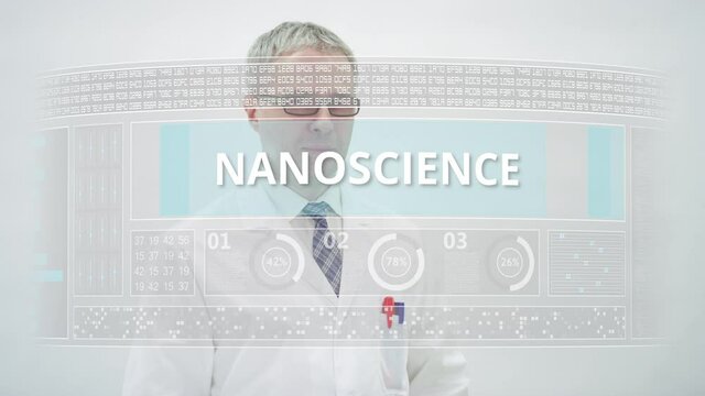 NANOSCIENCE text on a modern touchscreen display and a male scientist wearing white lab coat