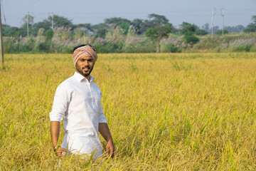 Naklejka na ściany i meble Happy Indian farmer in paddy field