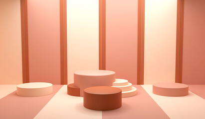 Brown and cream Cylinder podium isolated on beige background, mockup can be used for product display, branding, showcase, presentation, advertising, etc. 3D Rendering Illustration.