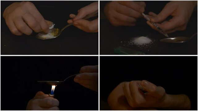 Stages of preparation of heroin injection, video collage of four clips, 4k