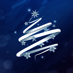 White Christmas tree with stars and lights on a blue background